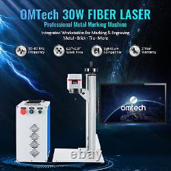 OMTech 30W Fiber Laser Marking Machine for Metal Steel with Rotary Axis 6.9x6.9