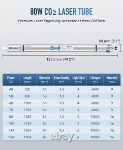 OMTech 80W CO2 Laser Tube for Laser Engraver & Cutter Machine, 1250mm/ 80mm