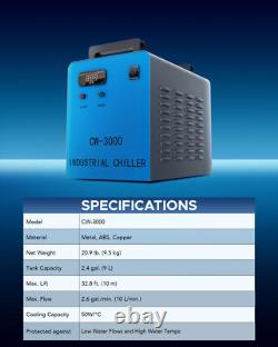 OMTech CW-3000 Refroidisseur d'eau pour graveur laser CO2 40W 50W avec 2 paquets de liquide de refroidissement