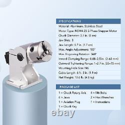 Outil rotatif à laser à fibre OMTech avec mandrin à 3 mâchoires de 80mm, axe rotatif à 360 degrés, NEMA 23.